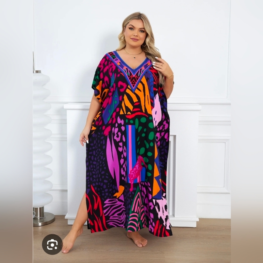 Vibrant Multicolor Kaftan Dress One Size - Picture 2 of 5